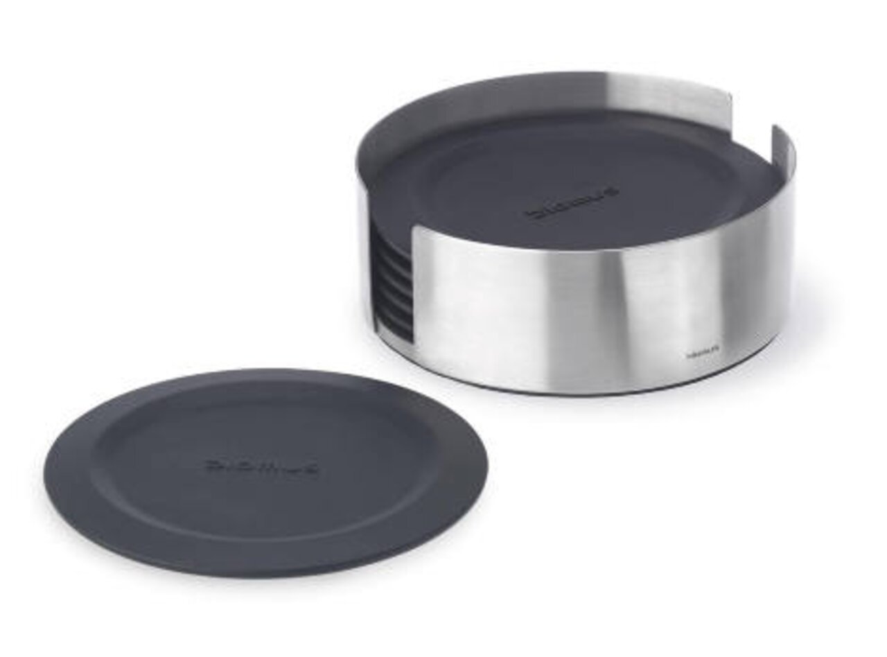 Untersetzer 6er-Set LARETO aus Edelstahl und schwarzem Material, eine Perspektive zeigt einen Untersetzer außerhalb des Halters.