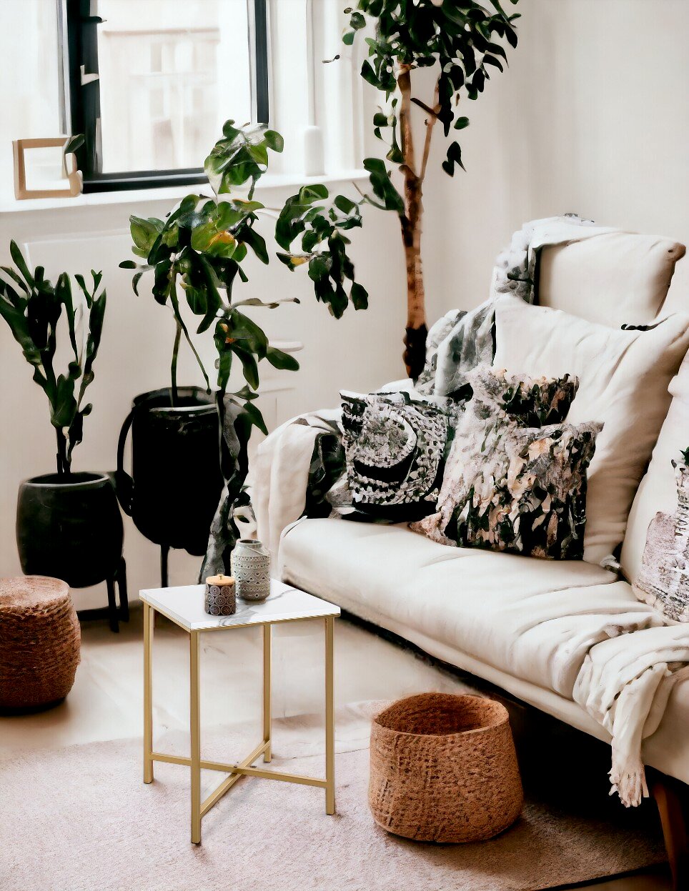 Zurbrüggen Beistelltisch Helles Wohnzimmer mit weißem Sofa, gemusterten Kissen und Plaid, goldfarbenem Beistelltisch mit weißer Marmoroptik-Platte sowie großen Zimmerpflanzen am Fenster, fotografiert aus leicht erhöhter schräger Frontperspektive.