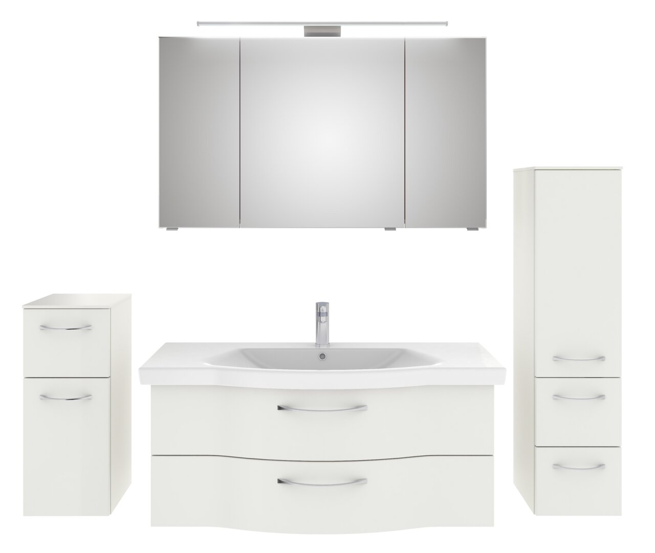 Pelipal Badblock SERIE 6005 SPRINT Moderner Badblock mit Spiegelschrank, Waschbeckenunterschrank und zwei zusätzlichen Schränken, frontal abgebildet.