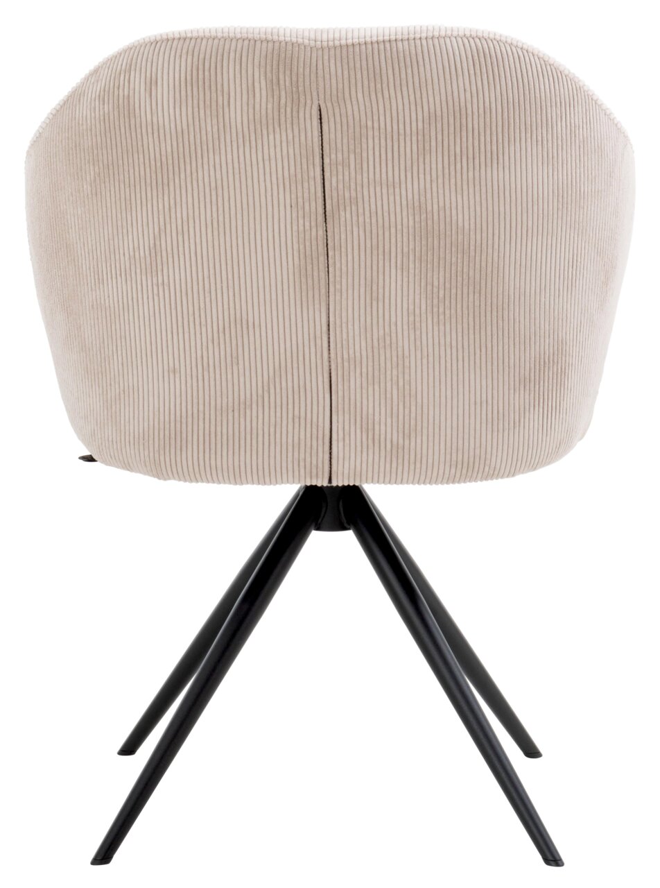 Achterkant van een fauteuil met een beige, geribbelde stoffen bekleding en zwarte metalen poten.