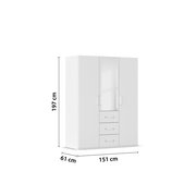 Drehtürenschrank 3-türig in Weiß mit drei Schubladen und einem Spiegel in der Mitte, Abmessungen 197 cm hoch, 151 cm breit, 61 cm tief, frontale Perspektive