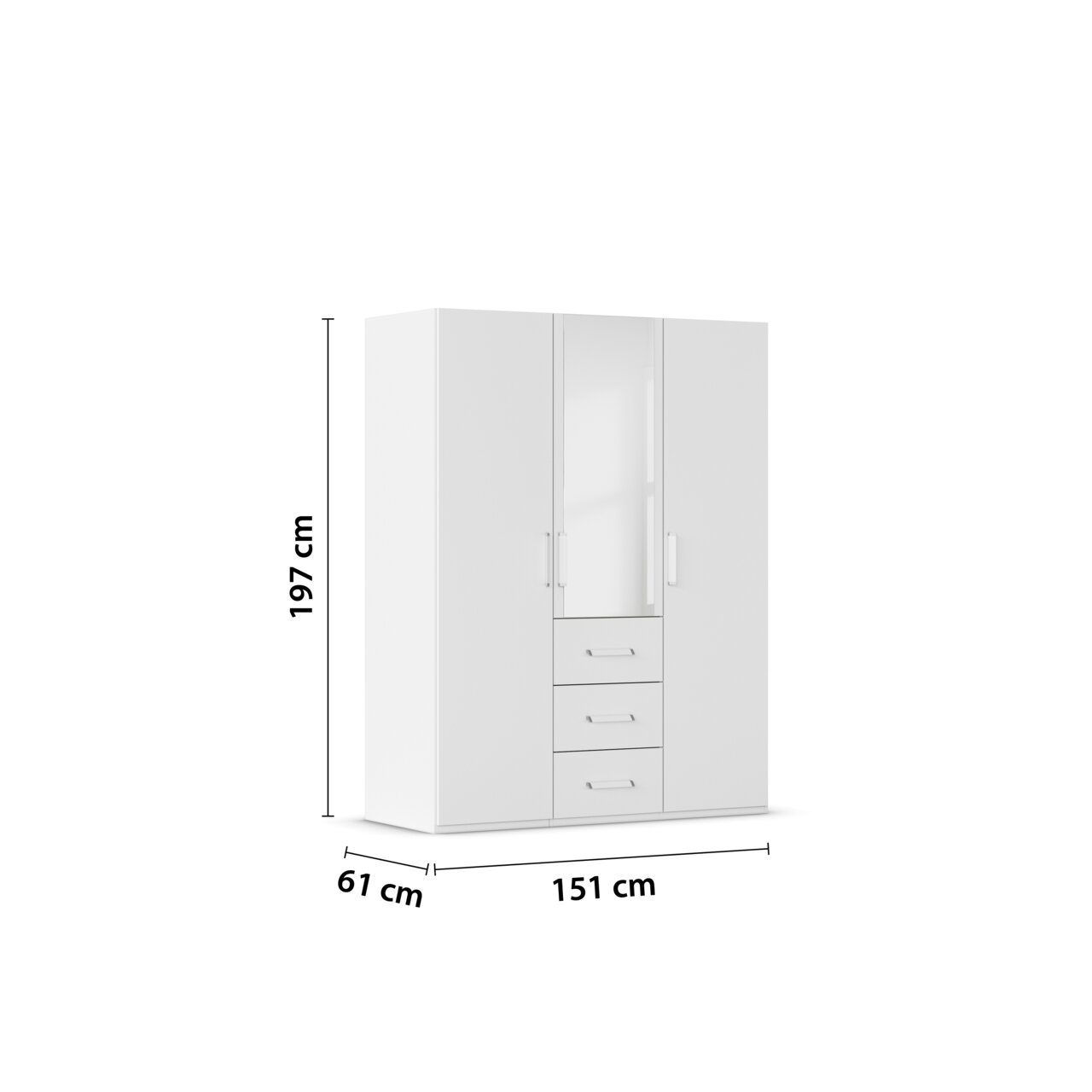 Drehtürenschrank 3-türig in Weiß mit drei Schubladen und einem Spiegel in der Mitte, Abmessungen 197 cm hoch, 151 cm breit, 61 cm tief, frontale Perspektive