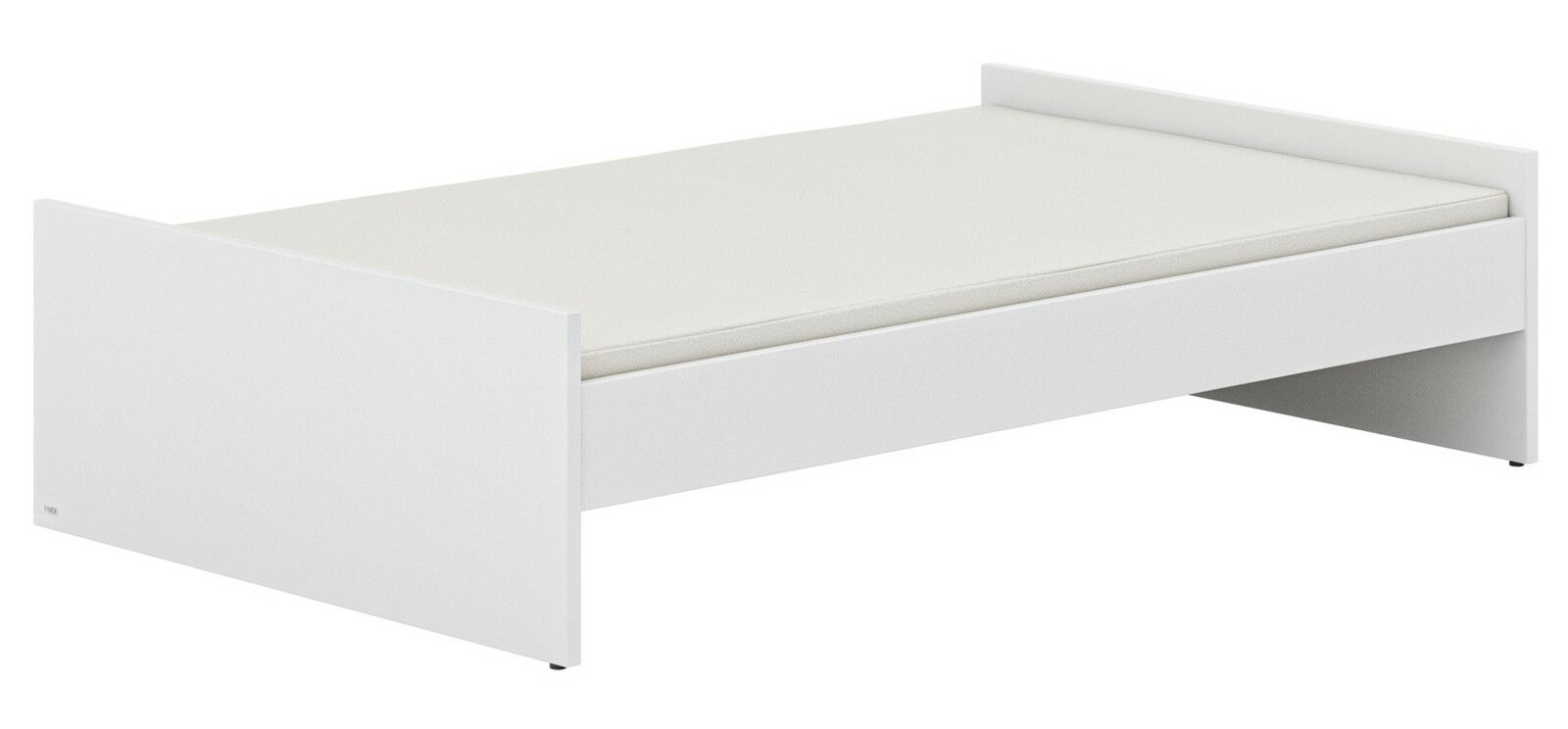 Weißes Bodenbett aus seitlicher Perspektive mit schlichtem Design.