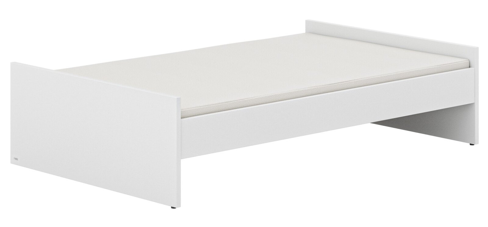 Weißes Bodenbett aus seitlicher Perspektive mit schlichtem Design.