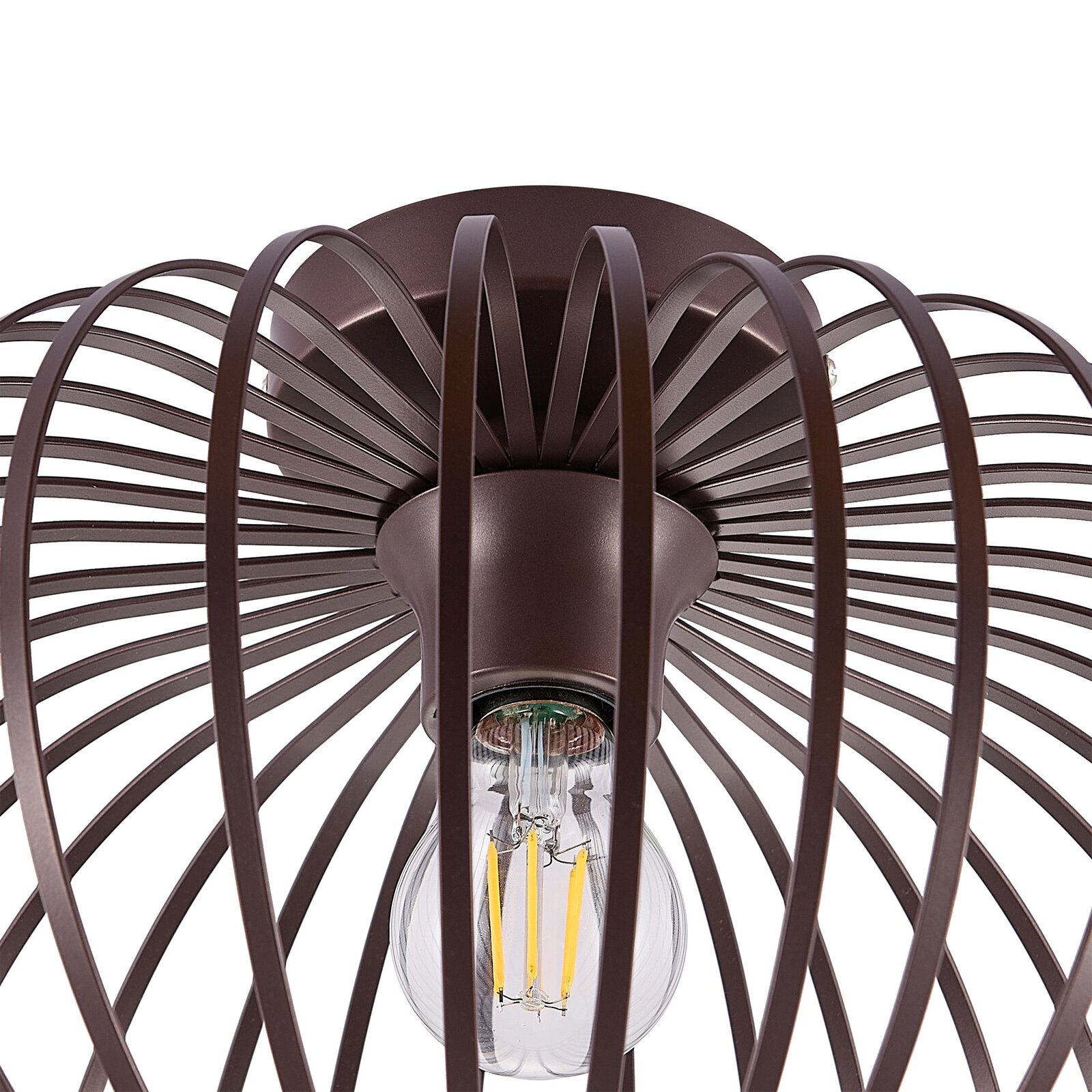 Moderne Deckenleuchte aus braunem Metall mit filigranem, käfigartigem Design, von unten betrachtet.