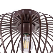 Moderne Deckenleuchte aus braunem Metall mit filigranem, käfigartigem Design, von unten betrachtet.