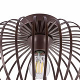 Moderne Deckenleuchte aus braunem Metall mit filigranem, käfigartigem Design, von unten betrachtet.