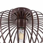 Moderne Deckenleuchte aus braunem Metall mit filigranem, käfigartigem Design, von unten betrachtet.