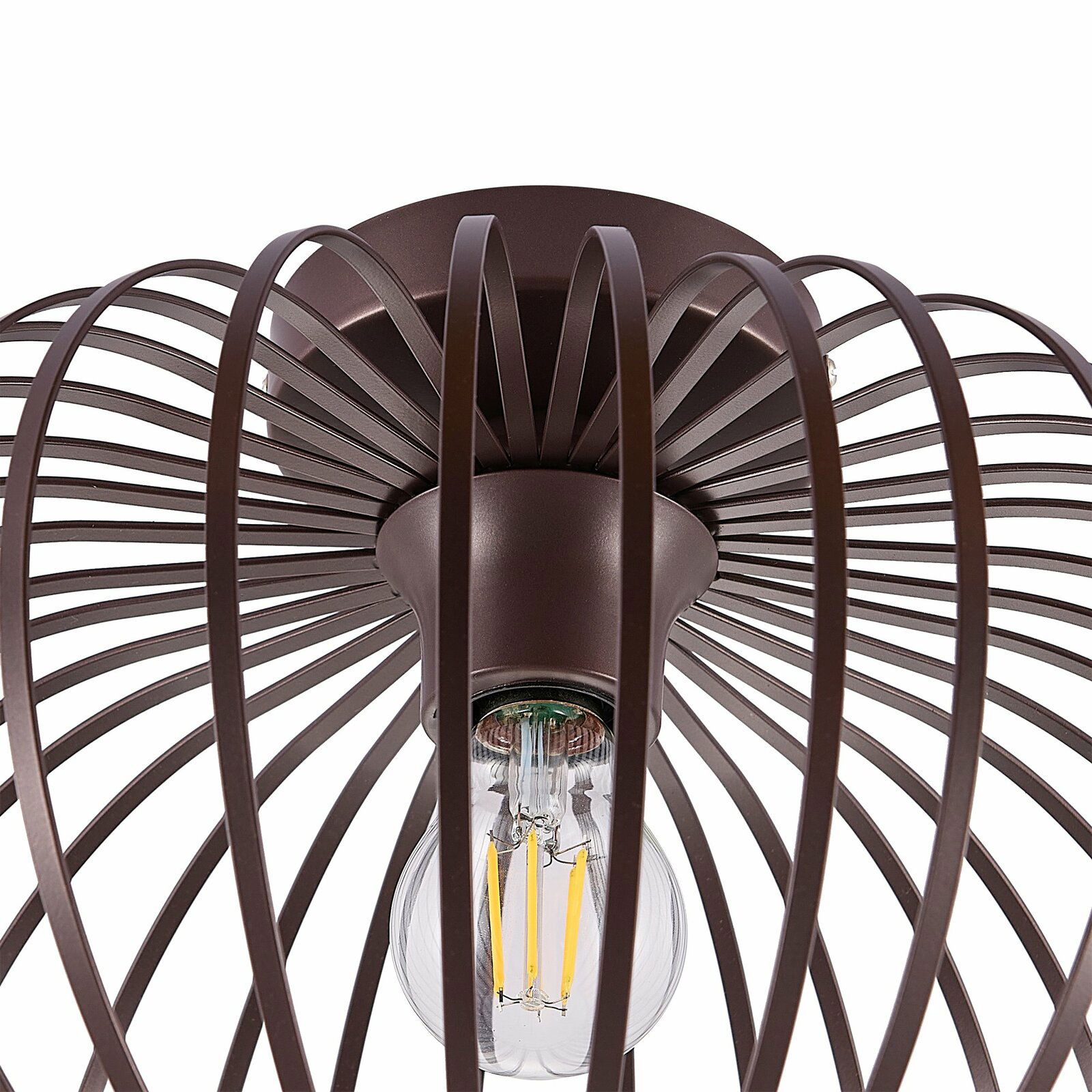 Moderne Deckenleuchte aus braunem Metall mit filigranem, käfigartigem Design, von unten betrachtet.