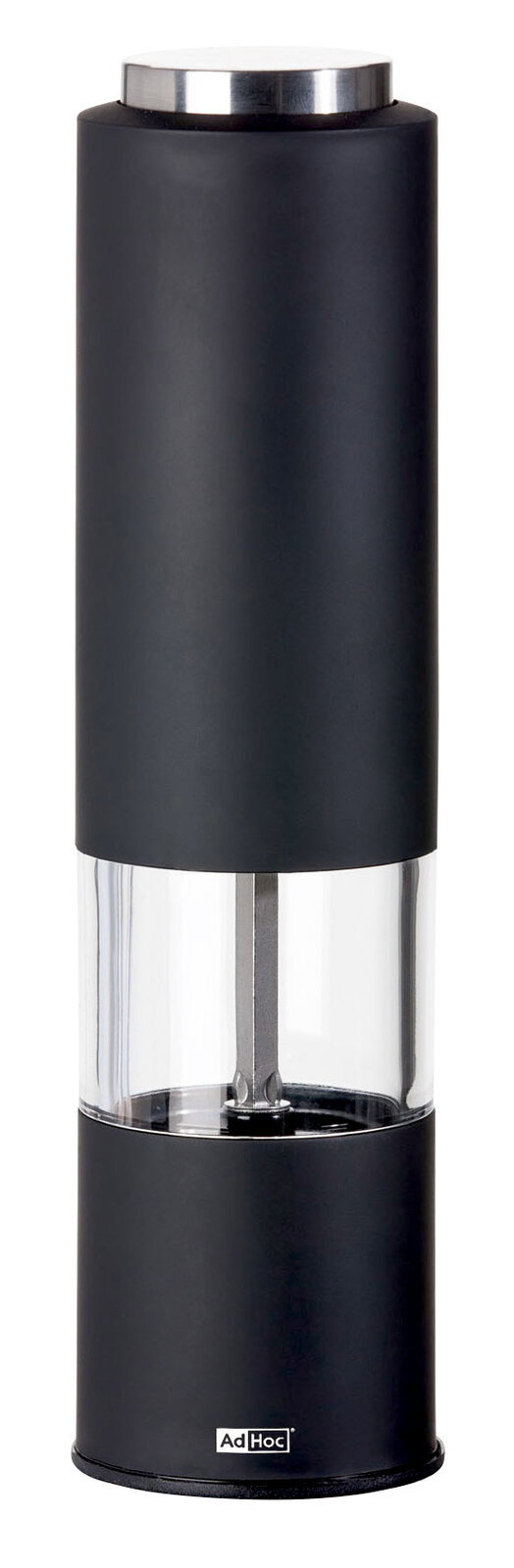 Ad Hoc Elektrische Pfeffer-/Salzmühle Elektrische Pfeffer- oder Salzmühle in zylindrischer Form, schwarz mit transparentem Mittelteil, aus seitlicher Perspektive.