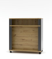 Combinatie-ruimteverdeler van hout en metaal met wieltjes, vooraanzicht