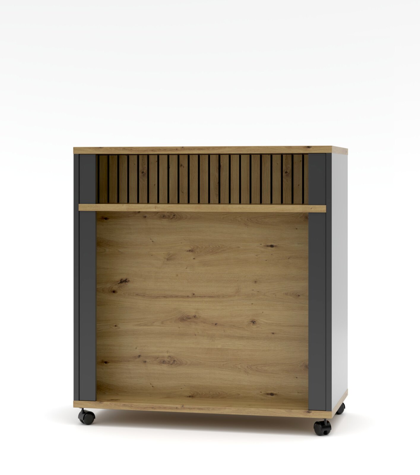 Combinatie-ruimteverdeler van hout en metaal met wieltjes, vooraanzicht