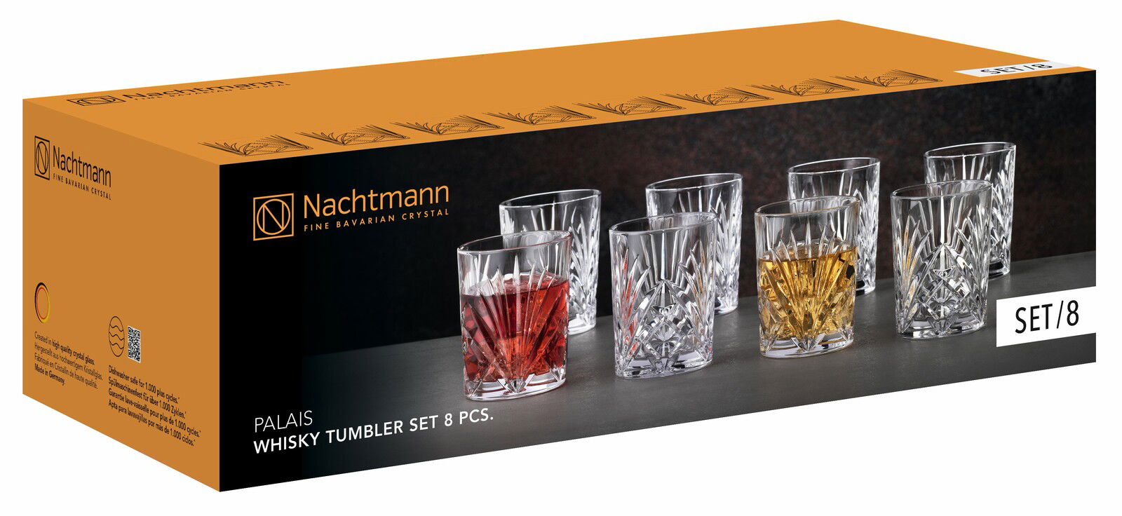 Nachtmann Palais Whisky Becherset, 8-teilig, aus hochwertigem Kristallglas, in einer attraktiven Verpackung, seitliche Perspektive.