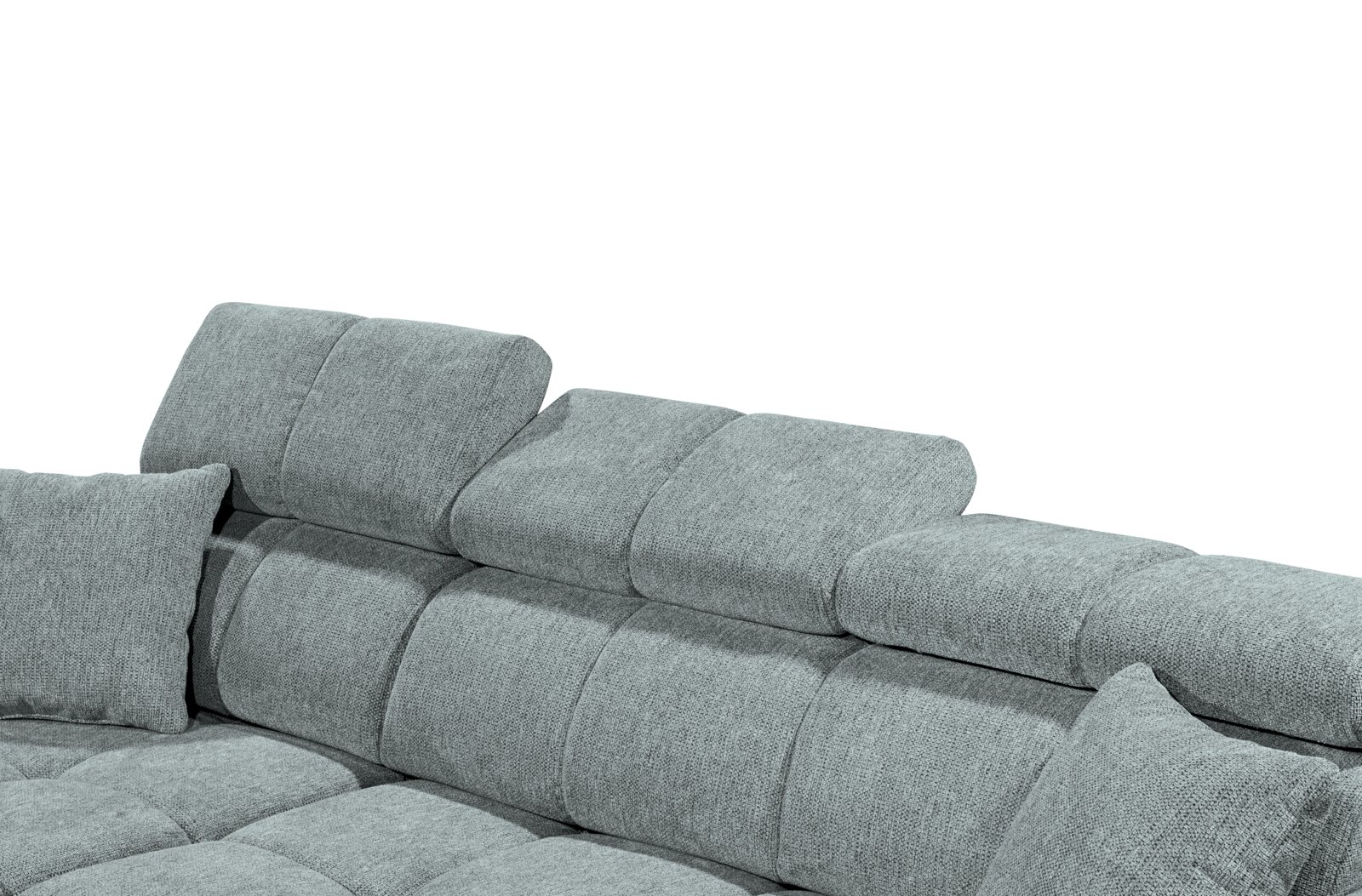 Graues Sofa mit verstellbaren Kopfstützen und Kissen, seitliche Perspektive