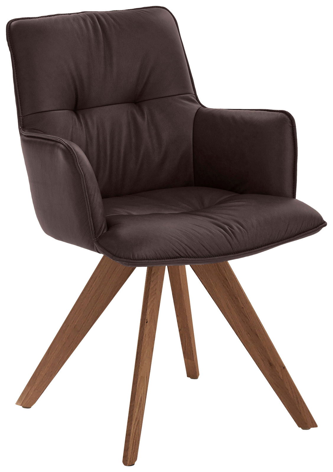 Moderner Design-Schalensessel mit braunem Lederbezug und Holzbeinen, seitliche Perspektive