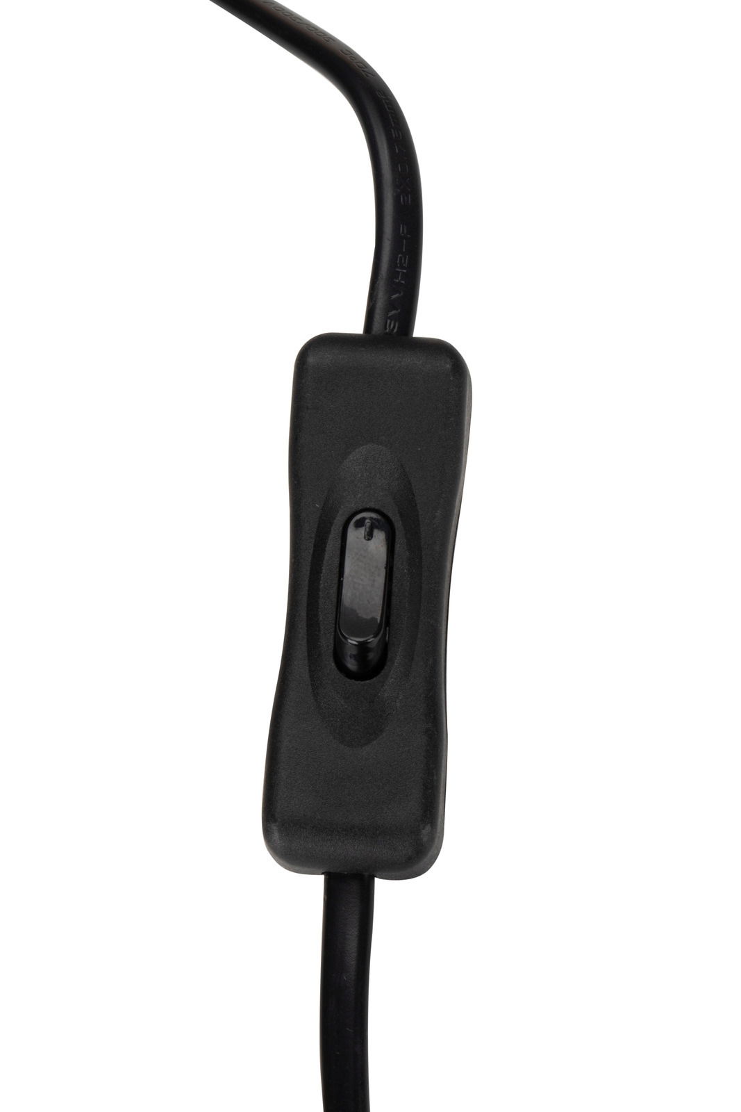 Nahaufnahme eines schwarzen Kippschalters an einem Kabel, vertikale Perspektive