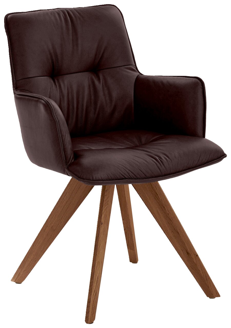 Moderner Design-Schalensessel mit braunem Lederbezug und Holzbeinen, seitliche Perspektive
