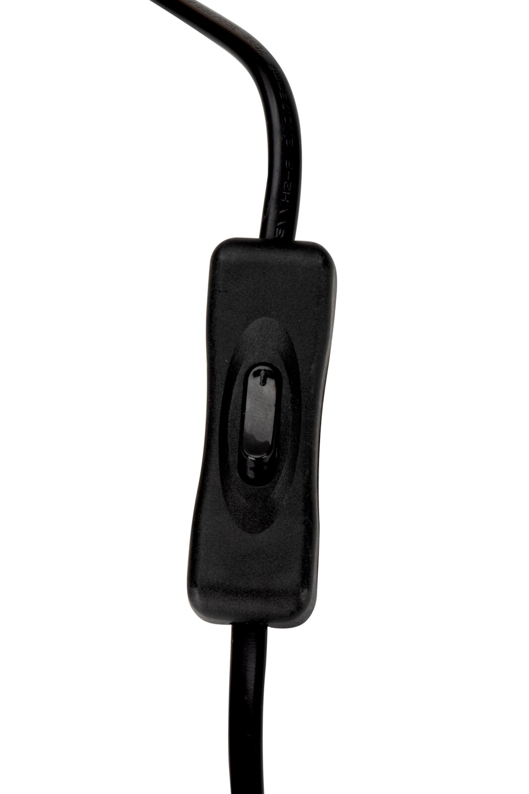 Nahaufnahme eines schwarzen Kippschalters an einem Kabel, vertikale Perspektive