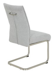 Moderner Schwingstuhl in hellgrauem Stoffbezug mit Metallgestell, seitliche Rückansicht