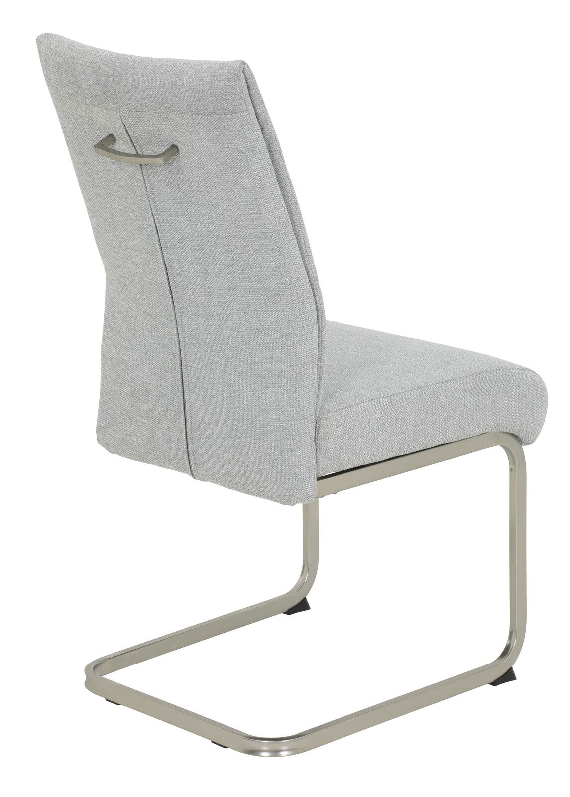 Moderner Schwingstuhl in hellgrauem Stoffbezug mit Metallgestell, seitliche Rückansicht