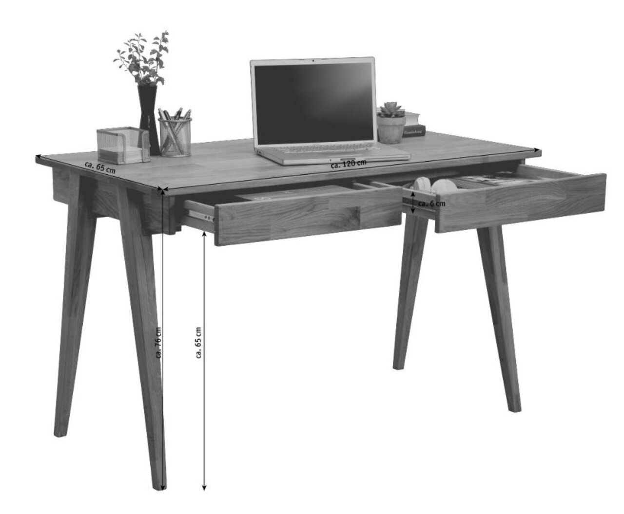 Moderner Schreibtisch aus Holz mit zwei offenen Schubladen, Laptop und Dekorationen, seitliche Perspektive.