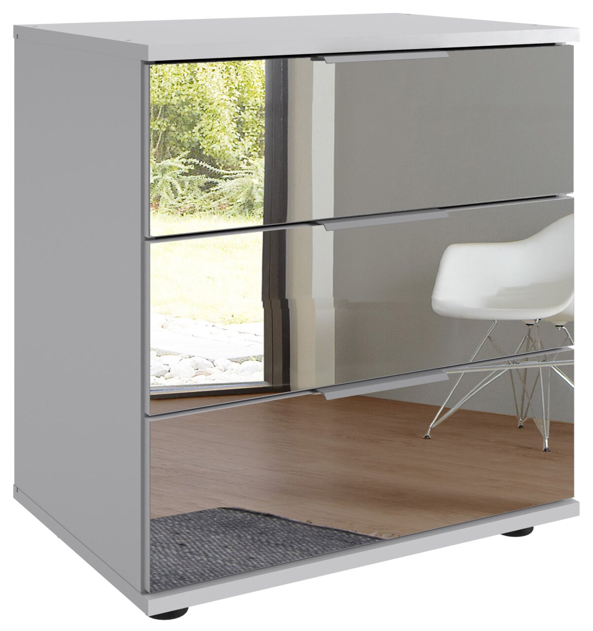 Moderne Nachtkommode mit drei Schubladen und spiegelnder Front, seitliche Perspektive