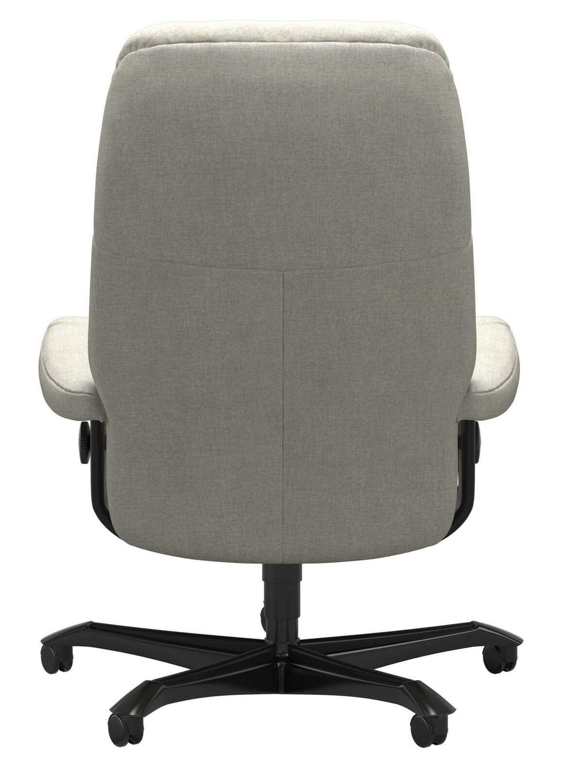 Rückansicht eines grauen Chefsessels mit schwarzem Drehkreuz und Rollen