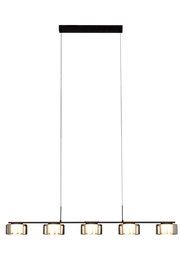 Moderne LED-Hängeleuchte mit vier leuchtenden Lampenschirmen, seitliche Perspektive