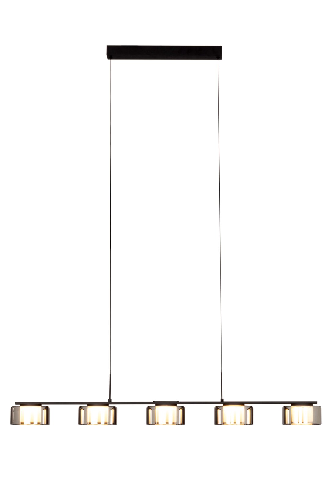 Moderne LED-Hängeleuchte mit vier leuchtenden Lampenschirmen, seitliche Perspektive
