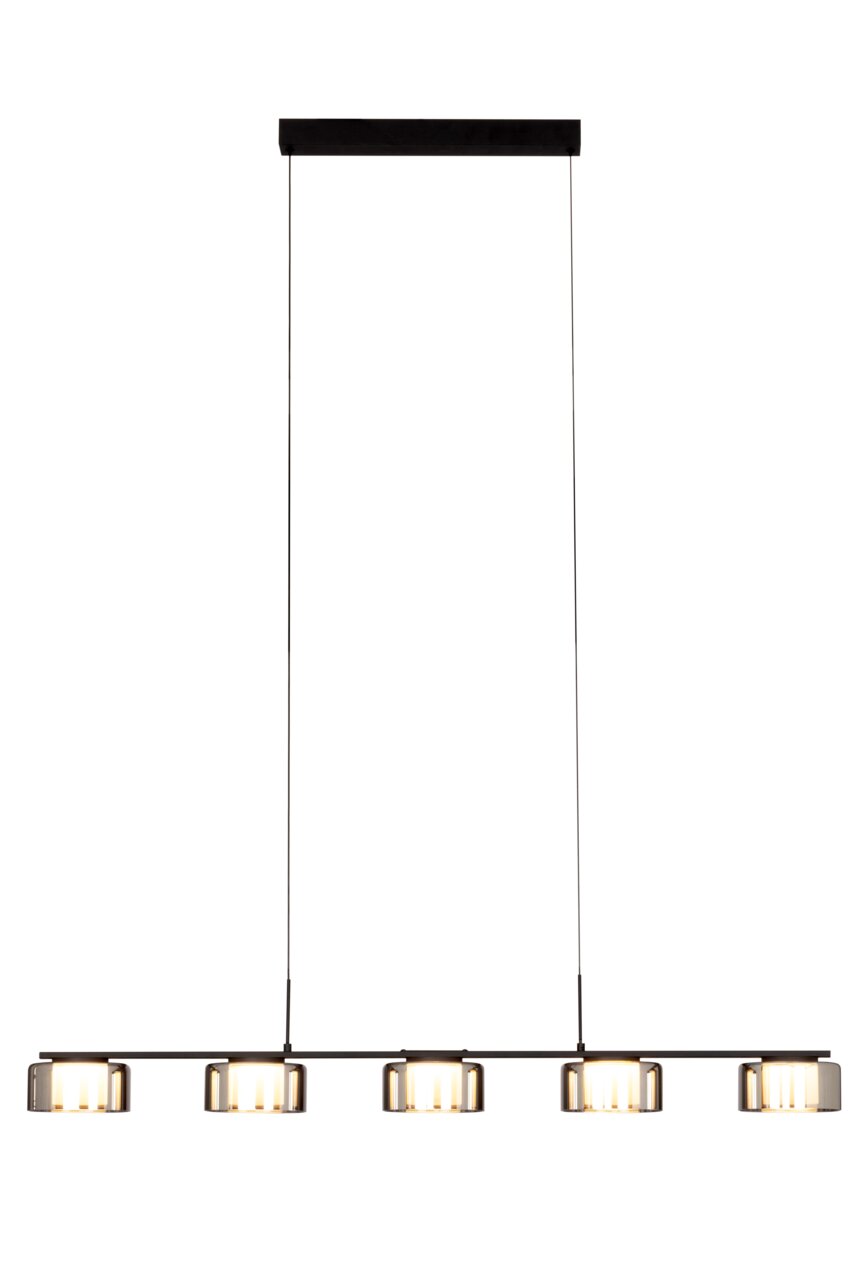 Moderne LED-Hängeleuchte mit vier leuchtenden Lampenschirmen, seitliche Perspektive