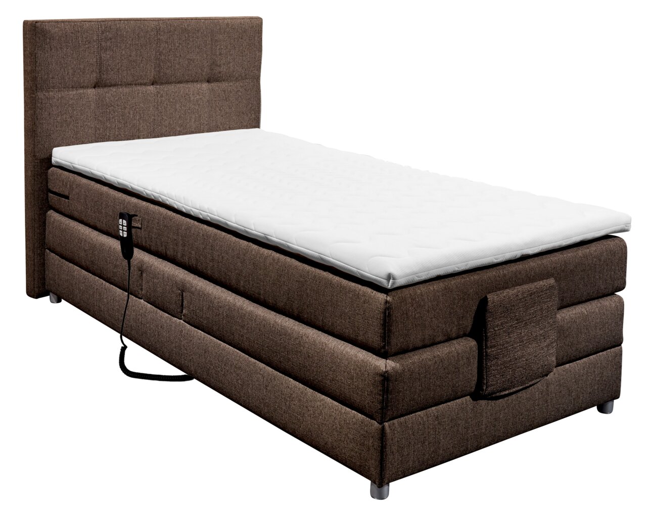 Boxspringbett in braunem Stoffbezug mit weißer Matratze, seitliche Perspektive, inklusive Fernbedienung für verstellbare Funktionen.