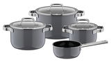 Vierteiliges Topfset aus Edelstahl mit Glasdeckeln, seitliche Perspektive