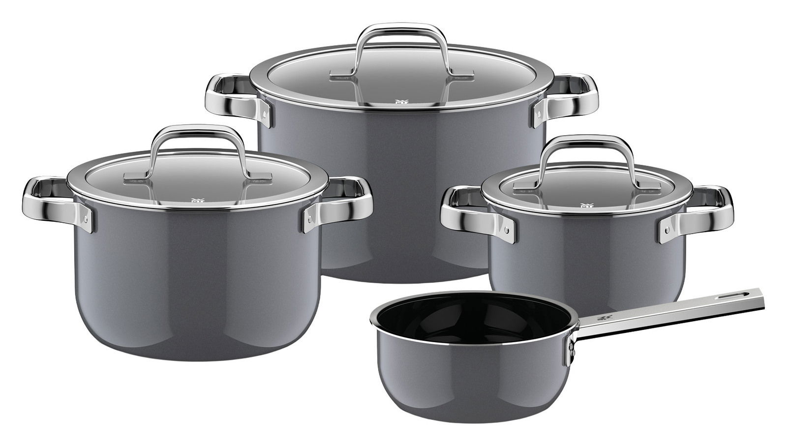 WMF Topfset 4-tlg. FUSIONTEC MINERAL PRO Vierteiliges Topfset aus Edelstahl mit Glasdeckeln, seitliche Perspektive