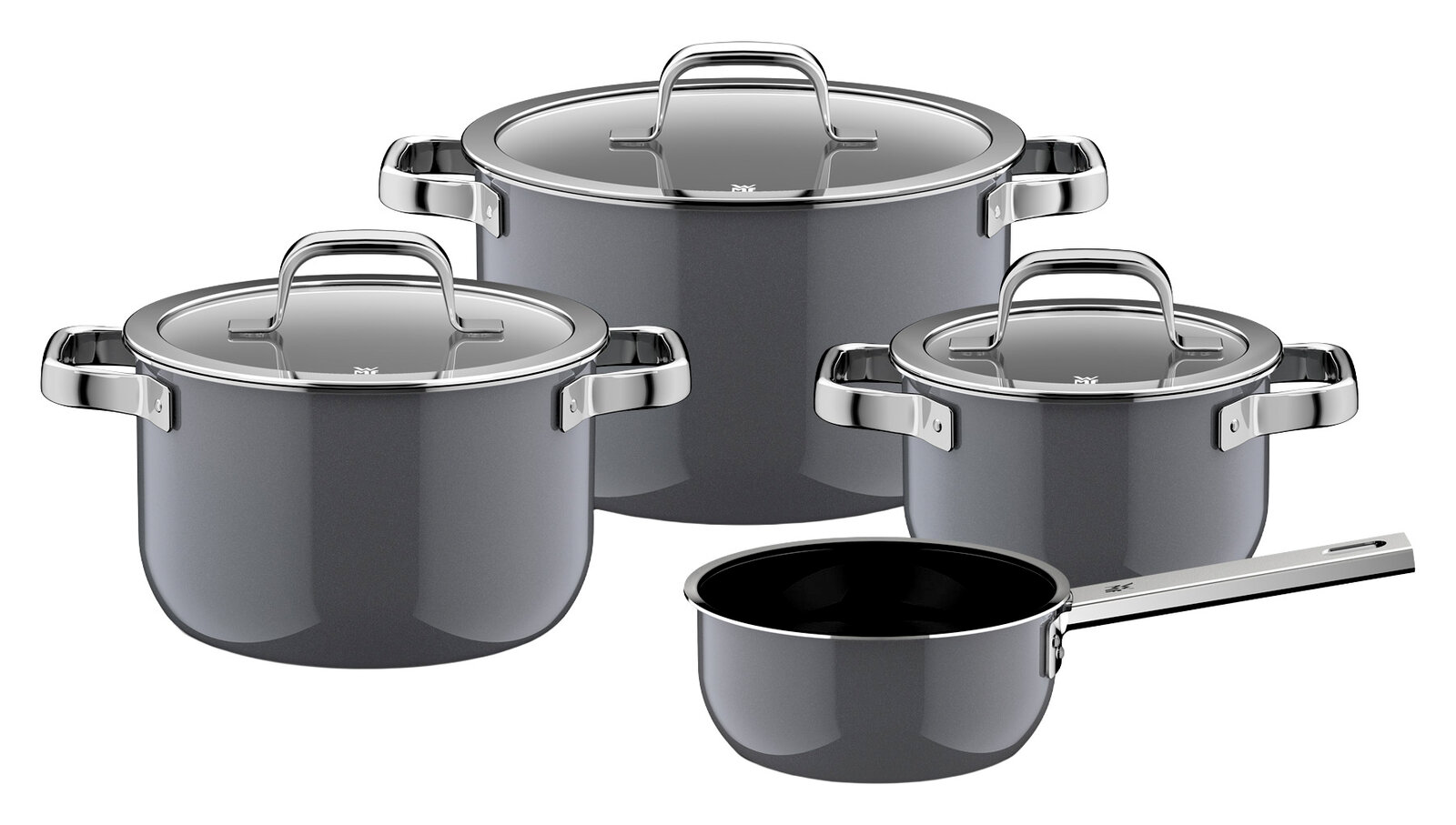 WMF Topfset 4-tlg. FUSIONTEC MINERAL PRO Vierteiliges Topfset aus Edelstahl mit Glasdeckeln, seitliche Perspektive