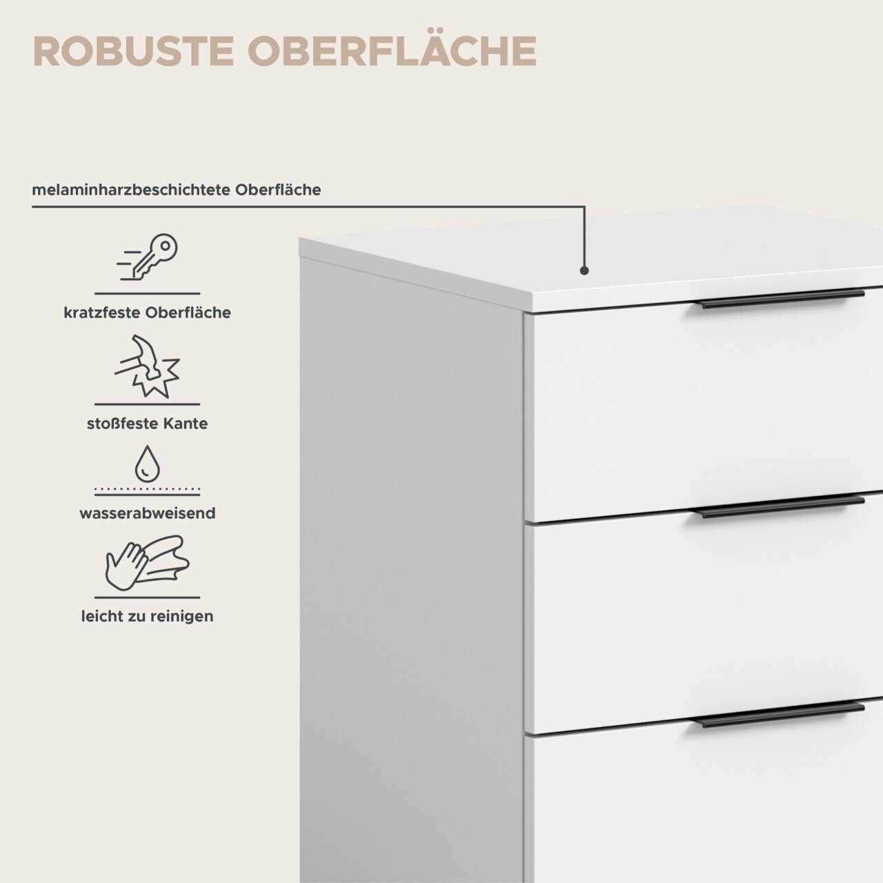 Nahaufnahme einer weißen Kommode mit drei Schubladen und schwarzen Griffen; schräger Blick von vorne links auf die melaminharzbeschichtete, robuste Oberfläche mit Hinweisen zu kratzfest, stoßfeste Kante, wasserabweisend und leicht zu reinigen.