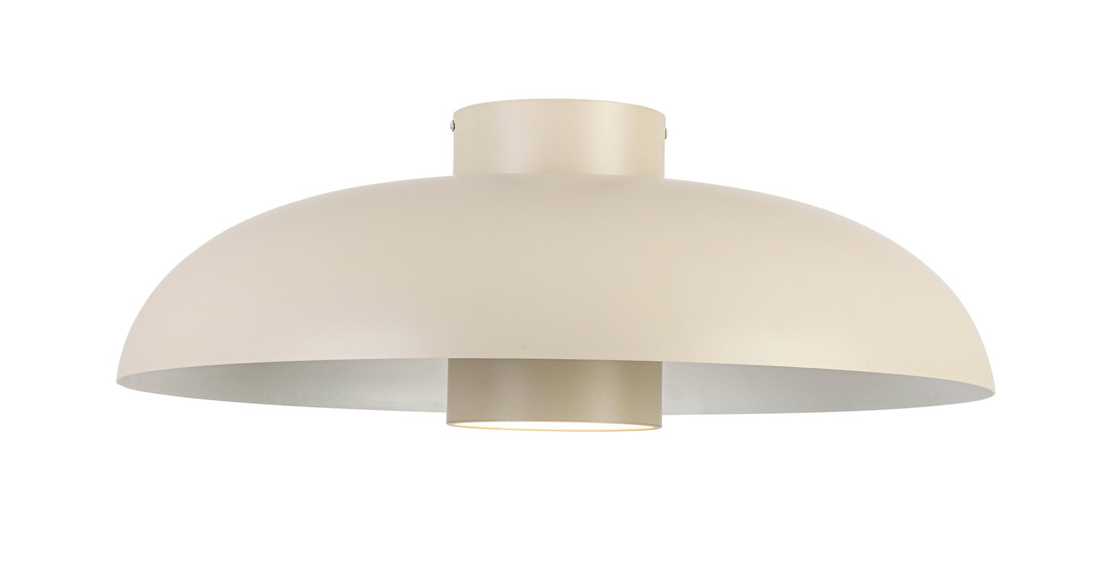 Moderne LED-Deckenleuchte in cremefarbener Halbkugelform, seitliche Perspektive