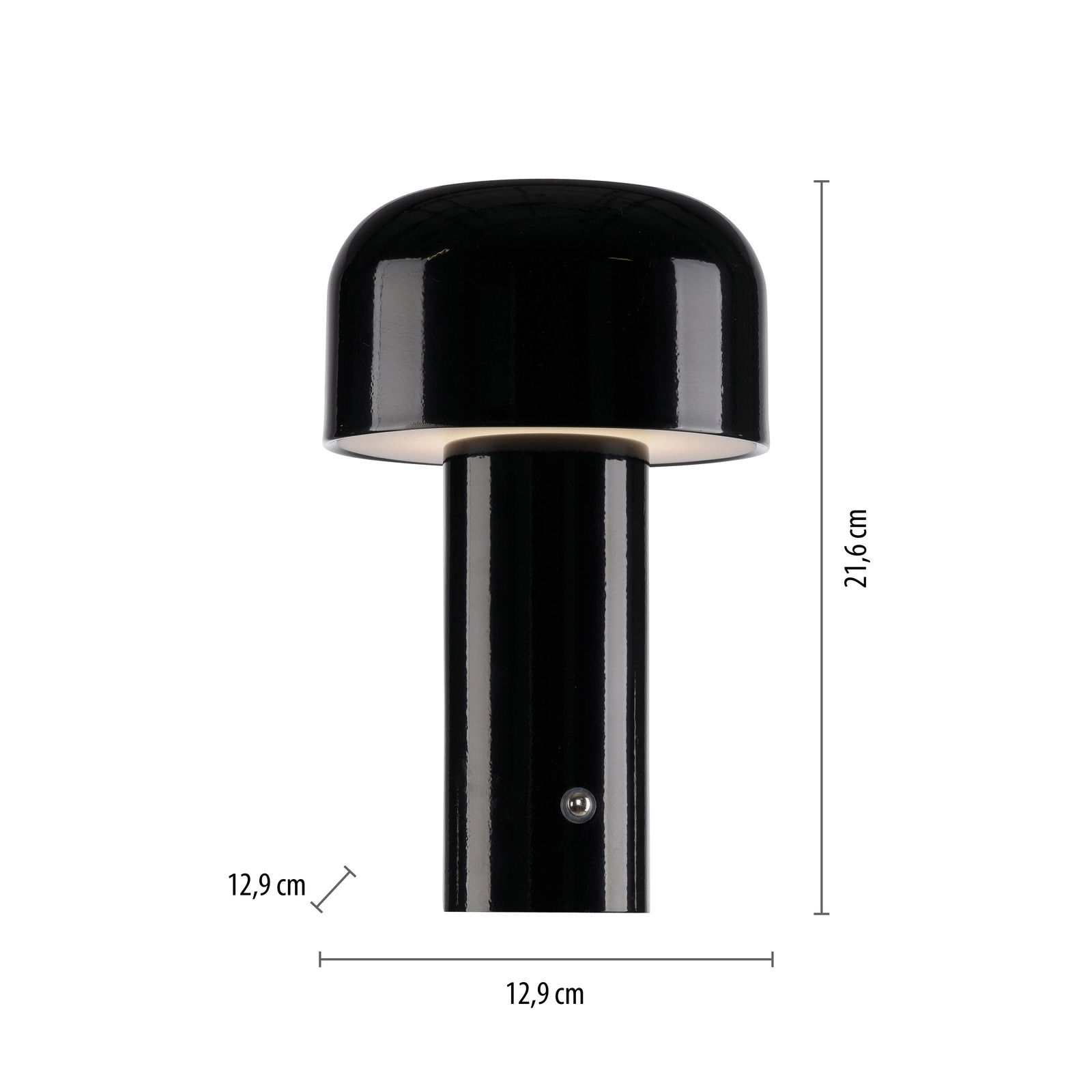 Schwarze Akku-Tischleuchte AGNES, zylindrische Form, Frontalansicht, Maße 12,9 cm x 21,6 cm