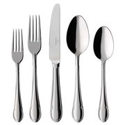 Ansicht von oben auf ein 30-teiliges Tafelbesteck-Set Mademoisel mit elegantem Design, bestehend aus Gabeln, Messern und Löffeln.