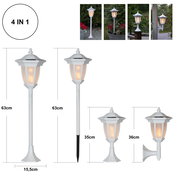 Weiße 4-in-1 Solar-Gartenlaterne im klassischen Laternen-Design mit warmweißem Licht, gezeigt in Frontansicht mit Maßangaben (63 cm Höhe, 15,5 cm Breite) sowie Varianten als Erdspieß-, Sockel- und Wandmontage.