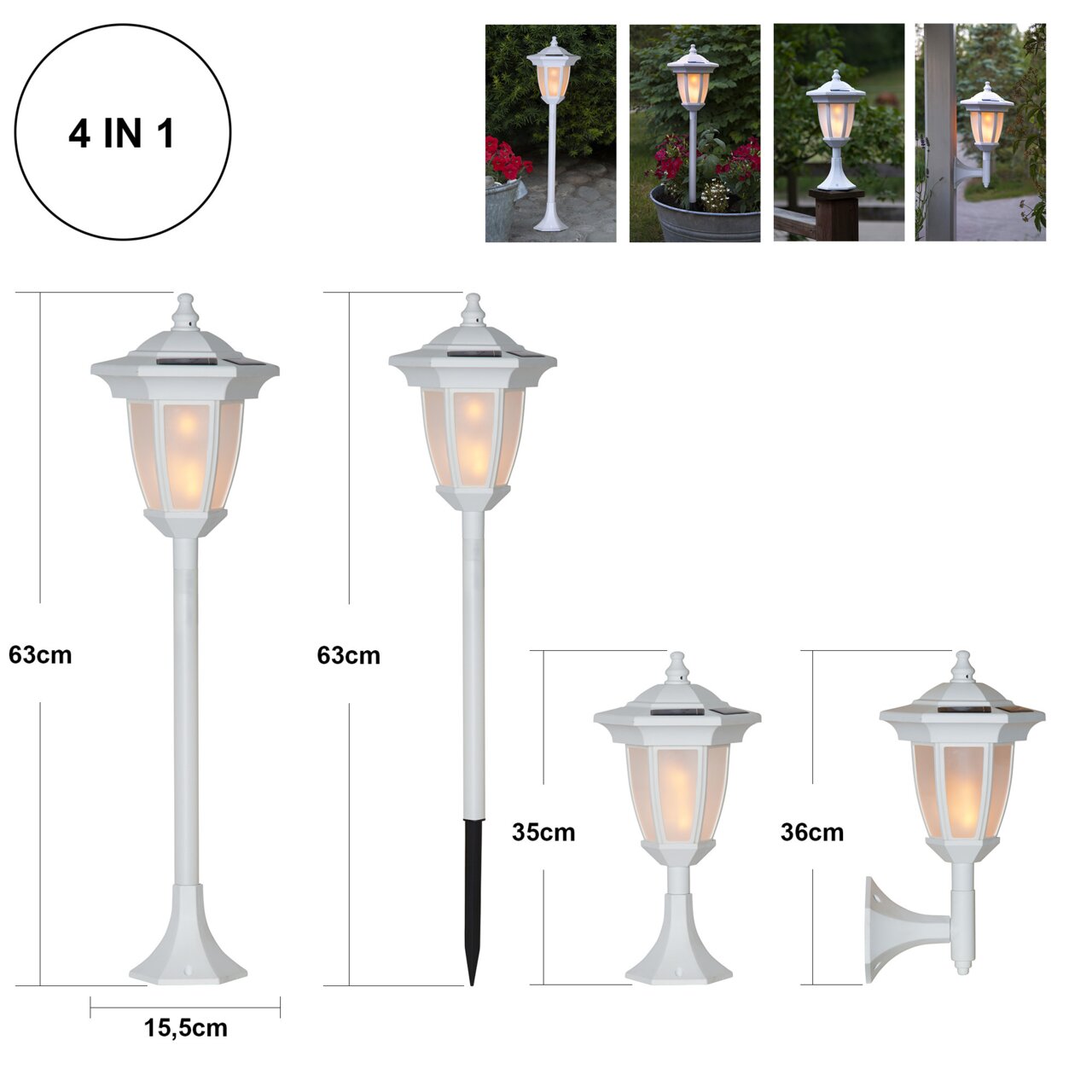 Witte 4-in-1 zonne-tuinlantaarn in klassiek lantaarnontwerp met warm wit licht, afgebeeld in vooraanzicht met afmetingen (63 cm hoog, 15,5 cm breed) en varianten voor montage met grondpen, voetstuk en wandbevestiging.