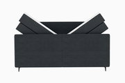 Boxspringbett in dunklem Stoff, seitliche Ansicht mit verstellbarem Kopfteil