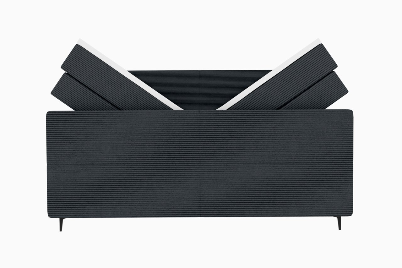 Boxspringbett in dunklem Stoff, seitliche Ansicht mit verstellbarem Kopfteil