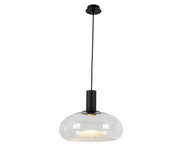 Moderne Hängeleuchte mit klarem Glas und schwarzem Kabel, seitliche Perspektive