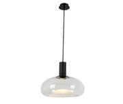 Moderne Hängeleuchte mit klarem Glas und schwarzem Kabel, seitliche Perspektive