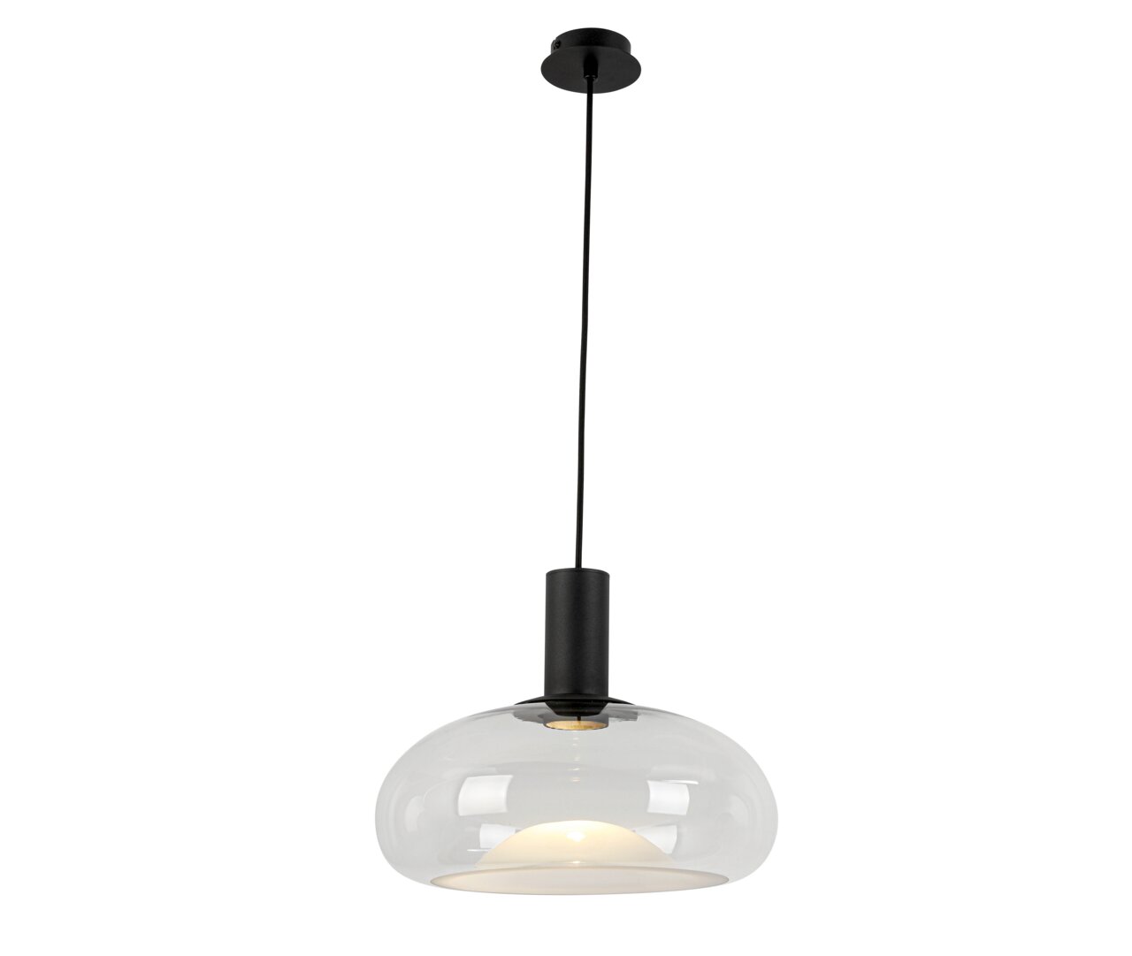 Moderne Hängeleuchte mit klarem Glas und schwarzem Kabel, seitliche Perspektive