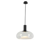 Moderne Hängeleuchte mit klarem Glas und schwarzem Kabel, seitliche Perspektive