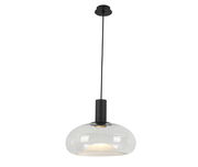 Moderne Hängeleuchte mit klarem Glas und schwarzem Kabel, seitliche Perspektive