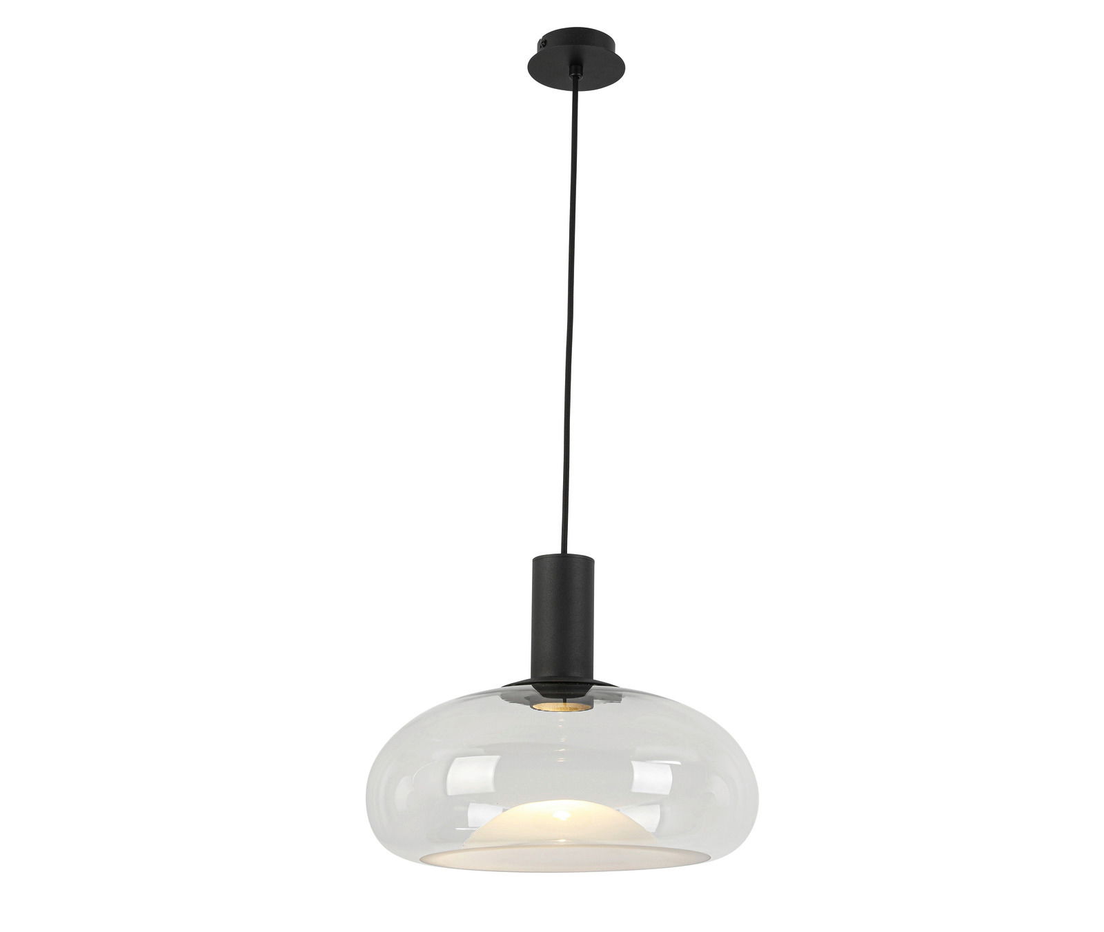 Moderne Hängeleuchte mit klarem Glas und schwarzem Kabel, seitliche Perspektive