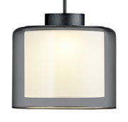Moderne LED-Pendelleuchte KLARA mit zylindrischem, transparentem Schirm, seitliche Perspektive