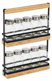 Gewürzständer-Set mit 10 Gläsern und Metalldeckeln, aus Holz und Metall, seitliche Perspektive